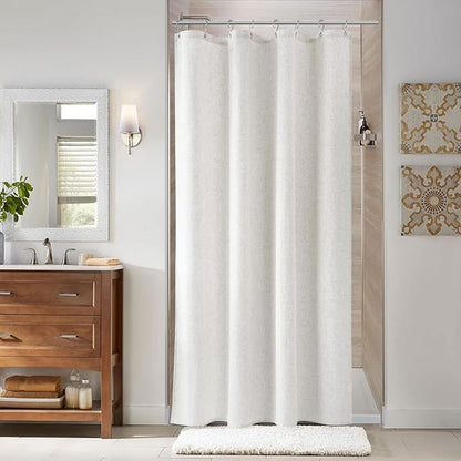 42 Inch Shower Curtain - Stall Narrow Half Linen Ultra Thick Fabric Shower Curtain Set with Hooks, Boho Farmhouse Rustic RV Camper Bath Curtains for Bathroom, Beige White, 42x72