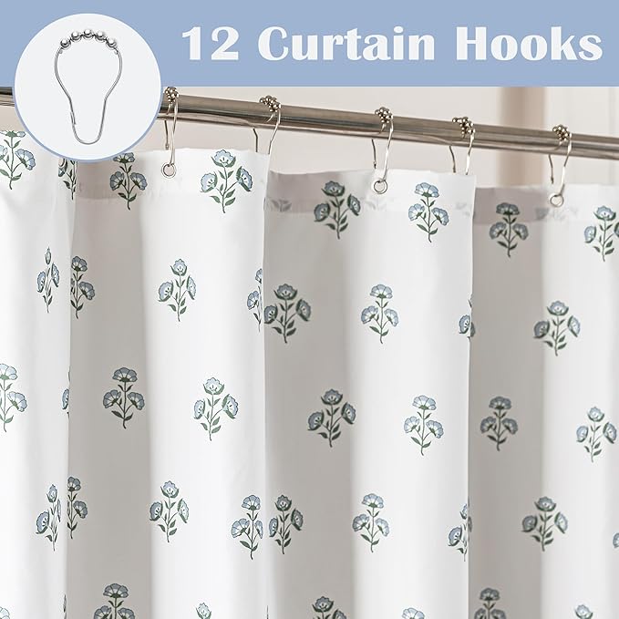 Blue and Green Boho Vintage Floral Shower Curtain for Bathroom,Modern Farmhouse Light Blue and White Block Print Botanical Waterproof Cloth Fabric Shower Curtain Set with Hooks,72x72 Inch