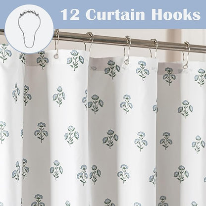 Blue and Green Boho Vintage Floral Shower Curtain for Bathroom,Modern Farmhouse Light Blue and White Block Print Botanical Waterproof Cloth Fabric Shower Curtain Set with Hooks,72x72 Inch