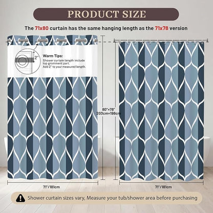 Gelbchu Aegean Blue No Hook Shower Curtain with Snap-in Liner, 71 x 80 Inch | Built-In Hooks, Mesh Top Window, Water-Repellent, Machine Washable, Quick Drying, Premium Polyester, Hotel Style, Modern