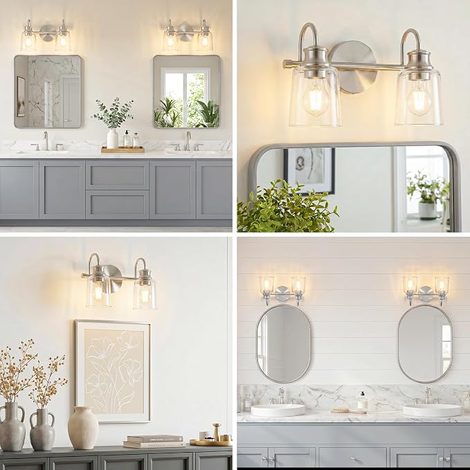 2 Lights Bathroom Light Fixtures Brushed Nickel Vanity Lights | ETL Certificate, Easy to Install,Wall Mount Up or Down,Thickened Glass Lampshade,E26 Socket,Hardwired
