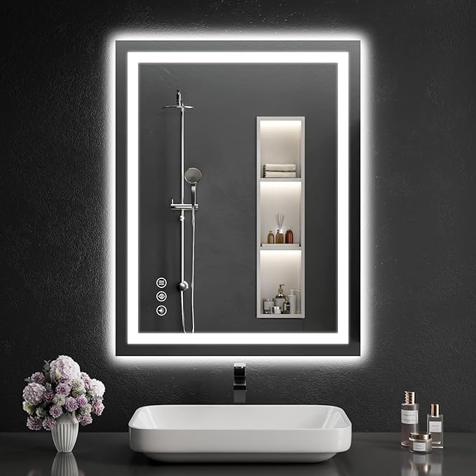 LED Bathroom Mirrors 28"x32" Bathroom Mirror with Lights for Wall, Backlit + Front Lit, 3 Colors, Anti-Fog, Dimmable Brightness for Vanity,Bathroom, Entryway, Living Room