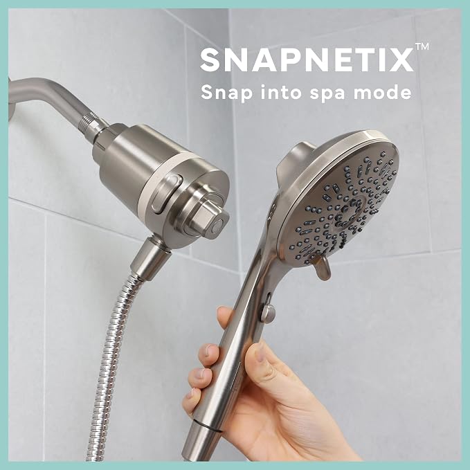 SEVENTY 5-Setting Magnetic Handheld Shower Head with Shower Filter and 59 Inch Hose in Brushed Nickel – Helps Reduce Chlorine and Impurities for Healthier Hair, Skin and Scalp, Easy to Install (12159)