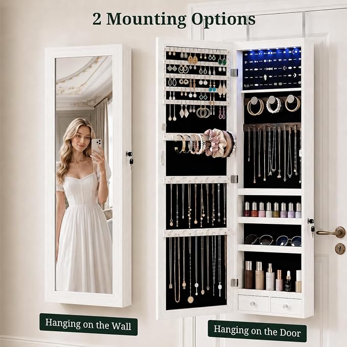 Jewelry Armoire, 47.2" Tall Lockable Jewelry Organizers and Storage Cabinet with Full-Length Mirror, 6 LEDs Mirror Jewelry Cabinet, Wall or Door Mounted Jewelry Storage for Women Bedroom, Gift Idea