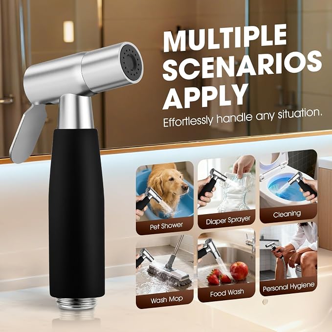 Handheld Bidet Sprayer Head,Stainless Steel Muslim Shower Head for Toilet,Adjustable Pressure Jet Sprayer for Feminine Hygiene and Pet Bath Bathroom Cloth Diaper Cleaning (Black)