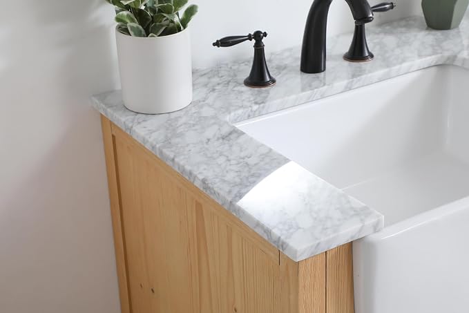 36" Pre-Assembled Bathroom Vanity with Sink, Solid Birch and MDF, Carrara White Marble Countertop Attached, Single Rectangle Porcelain Sink, 3 Soft-Close Drawers, Natural Wood