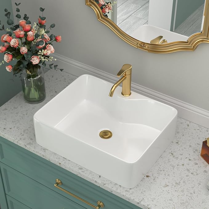 Drop In White Bathroom Vessel Sink with Faucet Hole | Beslend 19x15 Ceramic White Rectangular Vessel Sink Hand Wash Basin with Single Faucet Hole Above Counter Basin