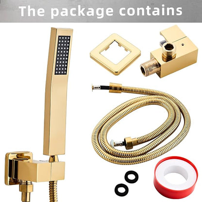 old square hand shower head, handheld shower head with hose,brass High pressure flushing With adjustable water supply elbow Wall-mounted connector Shower bracket and hose set