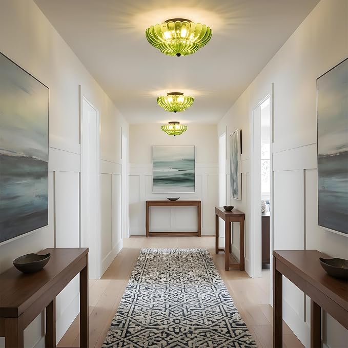 Green Glass Semi Flush Mount Ceiling Light Fixture,11.8 in,3-Lights | Flower Shape,Round Black Base,Use E26 Bulb,Support Dimmable,for Hallway,Bedroom,Bathroom,Foyer,Closet,Entryway,Laundry Room