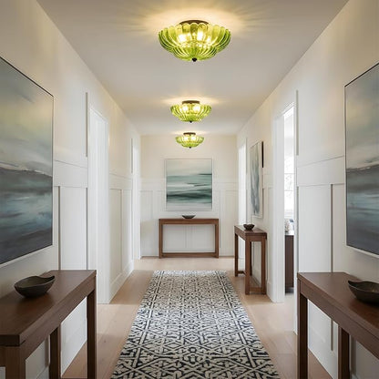 Green Glass Semi Flush Mount Ceiling Light Fixture,11.8 in,3-Lights | Flower Shape,Round Black Base,Use E26 Bulb,Support Dimmable,for Hallway,Bedroom,Bathroom,Foyer,Closet,Entryway,Laundry Room