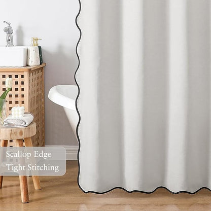 Linen Scallop Shower Curtain with 12 Clear Hooks, Waterproof, 72x84, White | Cute Washable Heavy Duty Thick Fabric with Black Border, Neutral Modern Farmhouse Boho Décor