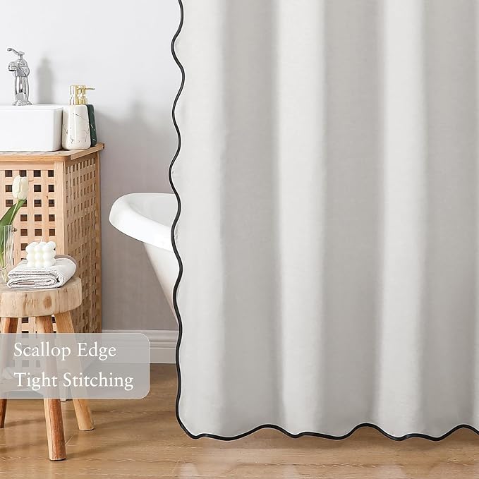 Linen Scallop Shower Curtain with 12 Clear Hooks, Waterproof, 72x78, White | Heavy Duty Waterproof Fabric with Black Border, Cute Modern Farmhouse Bathroom Décor
