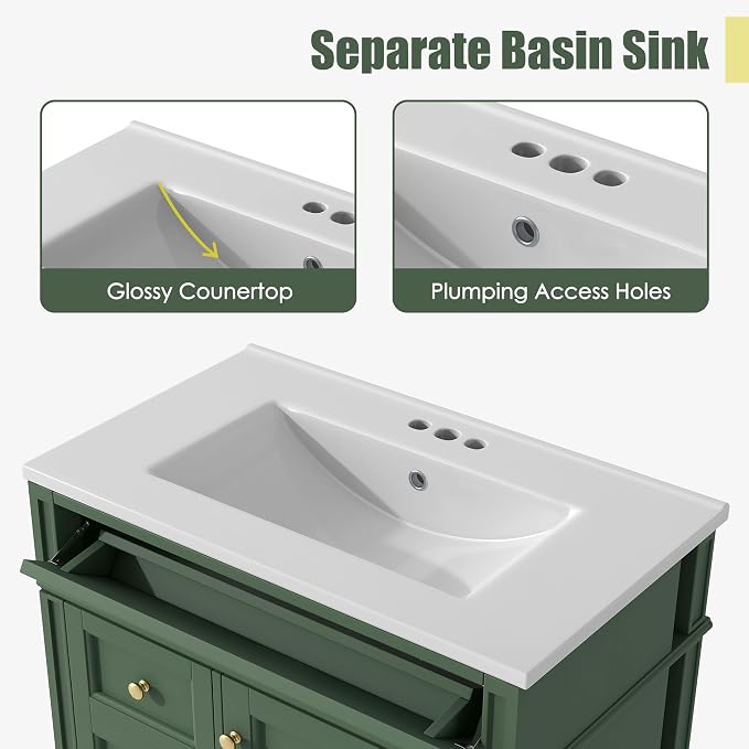 Merax 30 Inch Bathroom Vanity with Ceramic Sink, Solid Wood Frame Modern Bathroom Sink Storage Cabinet with 2 Drawers and a Tip-Out Drawer, Single Sink Bathroom Vanities, Green