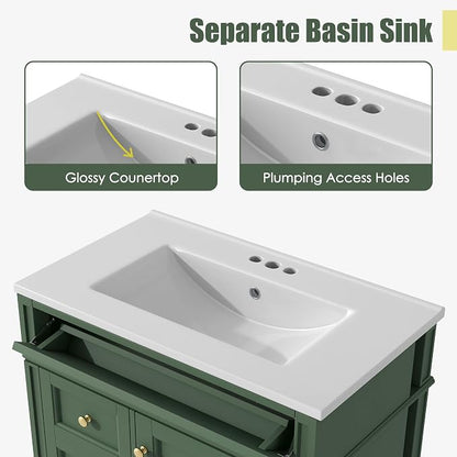 Merax 30 Inch Bathroom Vanity with Ceramic Sink, Solid Wood Frame Modern Bathroom Sink Storage Cabinet with 2 Drawers and a Tip-Out Drawer, Single Sink Bathroom Vanities, Green