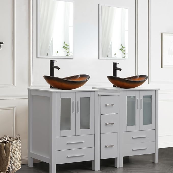 UEV 60" Double Sink Bathroom Vanity,Grey Bathroom Vanity with Double Side Vanity Cabinets & Removable 3 Drawer Storage Cabinet with Modern Vessel Sink,Mirror Not Included(029BR)