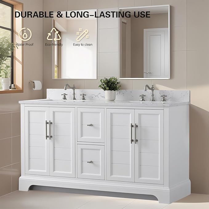 HOMEBEYOND 60 Inch Bathroom Vanity with Double Sink & Ceramic Top, Vanity Cabinet with Center Countertop Basin, Soft-Closing Doors, Backsplash,White