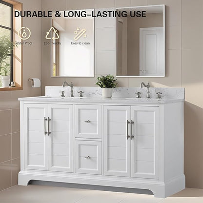 HOMEBEYOND 60 Inch Bathroom Vanity with Double Sink & Ceramic Top, Vanity Cabinet with Center Countertop Basin, Soft-Closing Doors, Backsplash,White