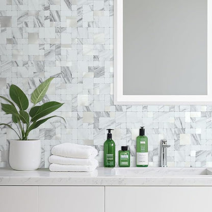 DICOFUN 1 Sheet White Marble Look Peel and Stick Tile Backsplash, Mixed Metal Silver Chips Kitchen and Bathroom Tiles, Stick on Backsplash for Stove