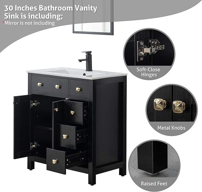 LUCKWIND 30" Bathroom Vanity with Sink, Modern Bathroom Storage Cabinet with Undercounter Sink and Wood Grain Veneer Surface, Include Faucet, No Mirror, Black