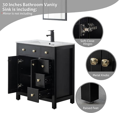 LUCKWIND 30" Bathroom Vanity with Sink, Modern Bathroom Storage Cabinet with Undercounter Sink and Wood Grain Veneer Surface, Include Faucet, No Mirror, Black