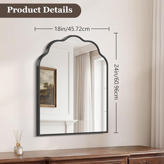 Arched Scalloped Mirror, 18×24Inch Black Mirror for Bathroom, Wavy Wall Mounted Vanity Mirror with Aluminum Alloy Frame for Livingroom Bedroom and Entryway, Tempered Glass
