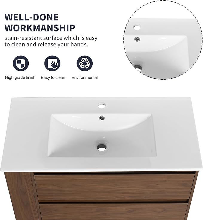 Henf 36 Inch Wall Mount Bathroom Vanity W/Sink Combo, Modern Design Vanity Cabinet with Gel Basin, Floating Mounting Bathroom Cabinet Set with 2 Drawer and Adjustable Storage Shelf,Brown