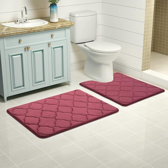 OLANLY Memory Foam Toilet Rugs U-Shaped 24x20, Ultra Soft and Absorbent Bathroom Rugs, Non-Slip, Comfortable, Machine Washable Contour Bath Mat for Toilet Base, Home Decor Accessories, Burgundy