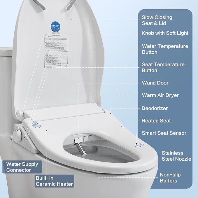 Smart Bidet Toilet Seat with Remote, Adjustable Heated Seat&Air Dryer, Endless Instant Warm Water, Multiple Spray Modes, Stainless Steel Nozzle, Soft Close, Deodorizer, 3D Curved(AMZ-US-NKH3101-NA)