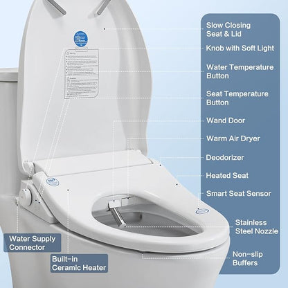 Smart Bidet Toilet Seat with Remote, Adjustable Heated Seat&Air Dryer, Endless Instant Warm Water, Multiple Spray Modes, Stainless Steel Nozzle, Soft Close, Deodorizer, 3D Curved(AMZ-US-NKH3101-NA)