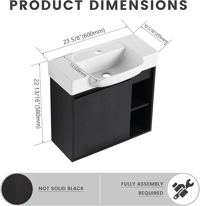 24 Inch Floating Vanity,24" Bathroom Vanity with Sink Combo,Modern Single Sink Bathroom Vanity Combo,Black Wall Mounted Cabinet Set