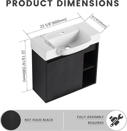24 Inch Floating Vanity,24" Bathroom Vanity with Sink Combo,Modern Single Sink Bathroom Vanity Combo,Black Wall Mounted Cabinet Set