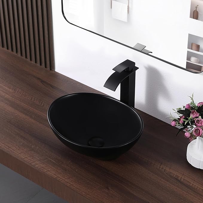 Oval Vessel Sink 16" x 13" Countertop Bathroom Sinks Modern Egg Shape Above Counter Matte Black Ceramic Small Sink Vessel Sinks for Bathrooms