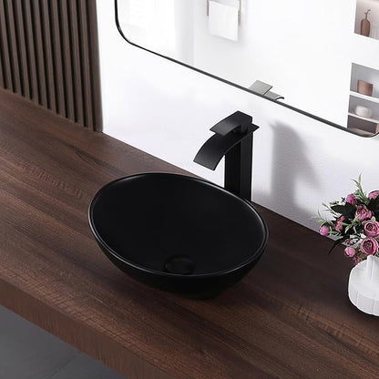 Oval Vessel Sink 16" x 13" Countertop Bathroom Sinks Modern Egg Shape Above Counter Matte Black Ceramic Small Sink Vessel Sinks for Bathrooms