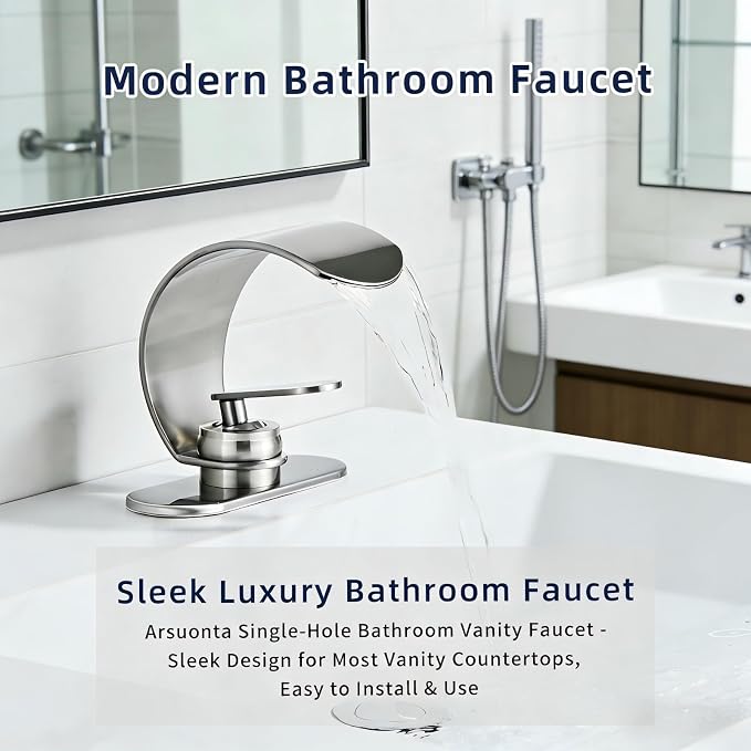 Brushed Nickel Waterfall Bathroom Sink Faucet, Modern Single Hole 1 Handle Vanity Faucet with Pop-Up Drain & 2 Hoses, Stainless Steel Deck Mount Lavatory Faucet for Bathroom Sink