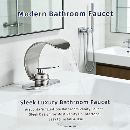 Brushed Nickel Waterfall Bathroom Sink Faucet, Modern Single Hole 1 Handle Vanity Faucet with Pop-Up Drain & 2 Hoses, Stainless Steel Deck Mount Lavatory Faucet for Bathroom Sink