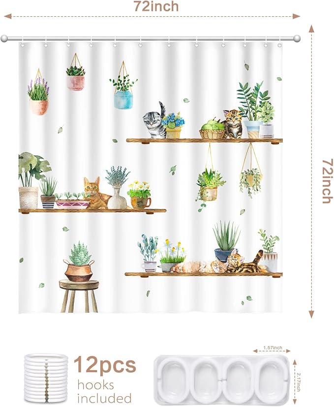 Hanging Potted Plants Cat Shower Curtain, Bracket Plant Kitty Shower Curtain for Bathroom with 12 Hooks, Polyester Fabric Waterproof Shower Curtain Sets Machine Washable Bath Curtain