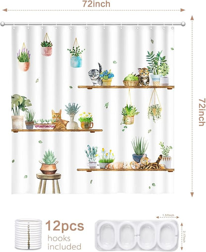Hanging Potted Plants Cat Shower Curtain, Bracket Plant Kitty Shower Curtain for Bathroom with 12 Hooks, Polyester Fabric Waterproof Shower Curtain Sets Machine Washable Bath Curtain