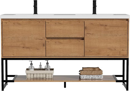 LUCKWIND 60" Modern Bathroom Vanity with Dual White Sink Combo, Freestanding Storage Cabinet with Metal Frame, Matte Black Faucet and Open Shelf and 2 Soft-Closing Door, Natural