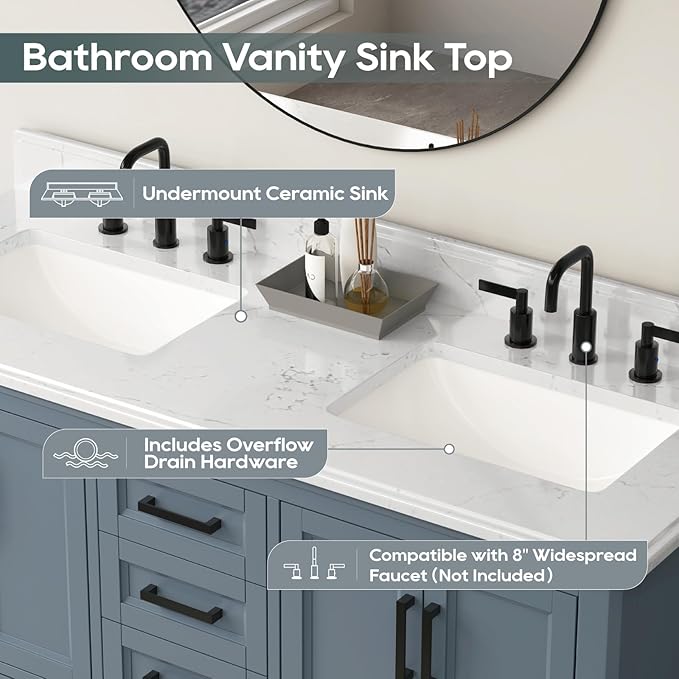 60 Inch Bathroom Vanity with Double Sink, Modern Solid Wooden Frame Bathroom Sink Cabinet with Soft Closing Doors & Dovetail Drawers, Quartz Countertop, Adjustable Feet, Steel Blue