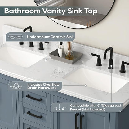 60 Inch Bathroom Vanity with Double Sink, Modern Solid Wooden Frame Bathroom Sink Cabinet with Soft Closing Doors & Dovetail Drawers, Quartz Countertop, Adjustable Feet, Steel Blue