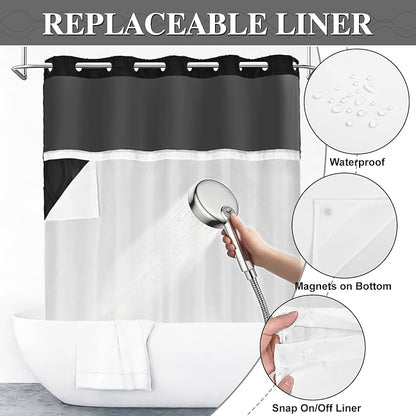 Yinhua No Hook Shower Curtain with Snap in Liner Set, 71" W×74" L, Black | Hotel Style with See Through Top Window, Washable Waterproof, Tufted Textured, Hookless Curtain for Bathroom Bathtub