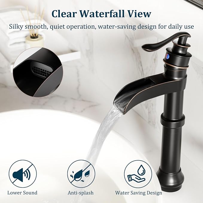 Oil Rubbed Bronze Vessel Sink Faucet Brass Tall Waterfall Bathroom Faucet | Single Handle Bathroom Sink Faucets with Pop Up Drain Without Overflow and Supply Hoses Mixer Tap Deck Mount by BATHLAVISH