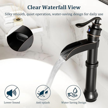 Oil Rubbed Bronze Vessel Sink Faucet Brass Tall Waterfall Bathroom Faucet | Single Handle Bathroom Sink Faucets with Pop Up Drain Without Overflow and Supply Hoses Mixer Tap Deck Mount by BATHLAVISH
