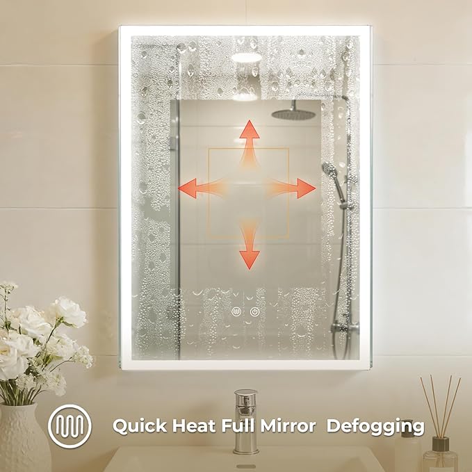 WallBeyond 20 x 28 LED Bathroom Medicine Cabinet, Square Lighted Mirror Cabinet with 3-Color Dimmable Lighting, Memory Function & Anti-Fog, Recessed or Surface Mount Installation