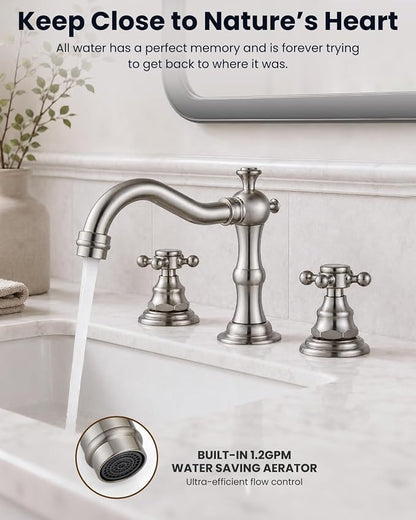 gotonovo 3 Hole 8’’ Widespread Bathroom Sink Faucet Brushed Nickel | Vintage Bathroom Faucet,2 Cross Handle,6-16’’ Sink,Vanity,Basin,RV,Farmhouse,SUS304,24’’ cUPC Hose Pop Up Drain,Deck Mount