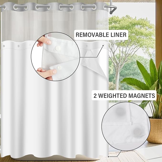 No Hook Shower Curtain with Snap in Liner Set, Black, 71x74 | Waterproof Fabric for Bathroom, Modern Hotel Style Ombre Design, Mesh Top Window, Machine Washable, Quick Install