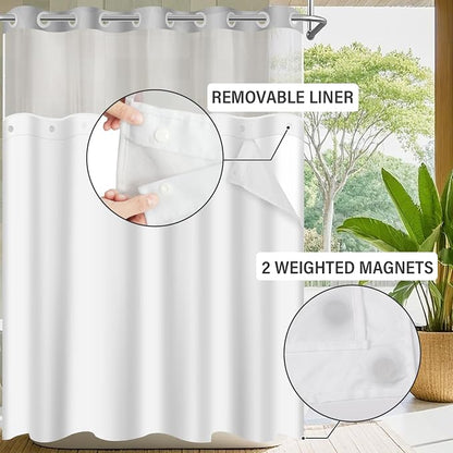 No Hook Shower Curtain with Snap in Liner Set, Black, 71x74 | Waterproof Fabric for Bathroom, Modern Hotel Style Ombre Design, Mesh Top Window, Machine Washable, Quick Install