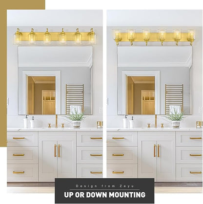 zeyu 44 Inch Brushed Gold Bathroom Light Fixtures, 6 Lights Vintage Wall Light, Modern Vanity Light with Clear Glass Shade, ZSL72B-6W BG