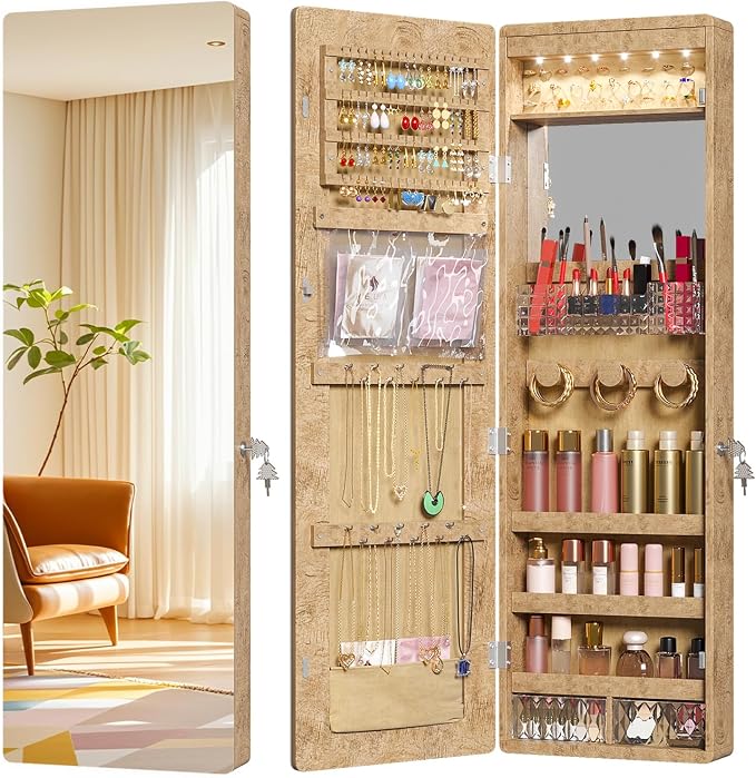 LVSOMT Over the Door Jewelry Organizer with Mirror Door Mirror with Storage | Jewelry Mirror Cabinet with Large Capacity, 6 LED Lights,Velvet Lining, Space-Saving for Bedroom, Cloakroom, Gift Women Girls