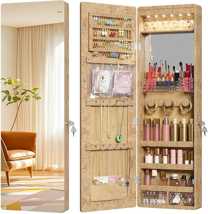 LVSOMT Over the Door Jewelry Organizer with Mirror Door Mirror with Storage | Jewelry Mirror Cabinet with Large Capacity, 6 LED Lights,Velvet Lining, Space-Saving for Bedroom, Cloakroom, Gift Women Girls